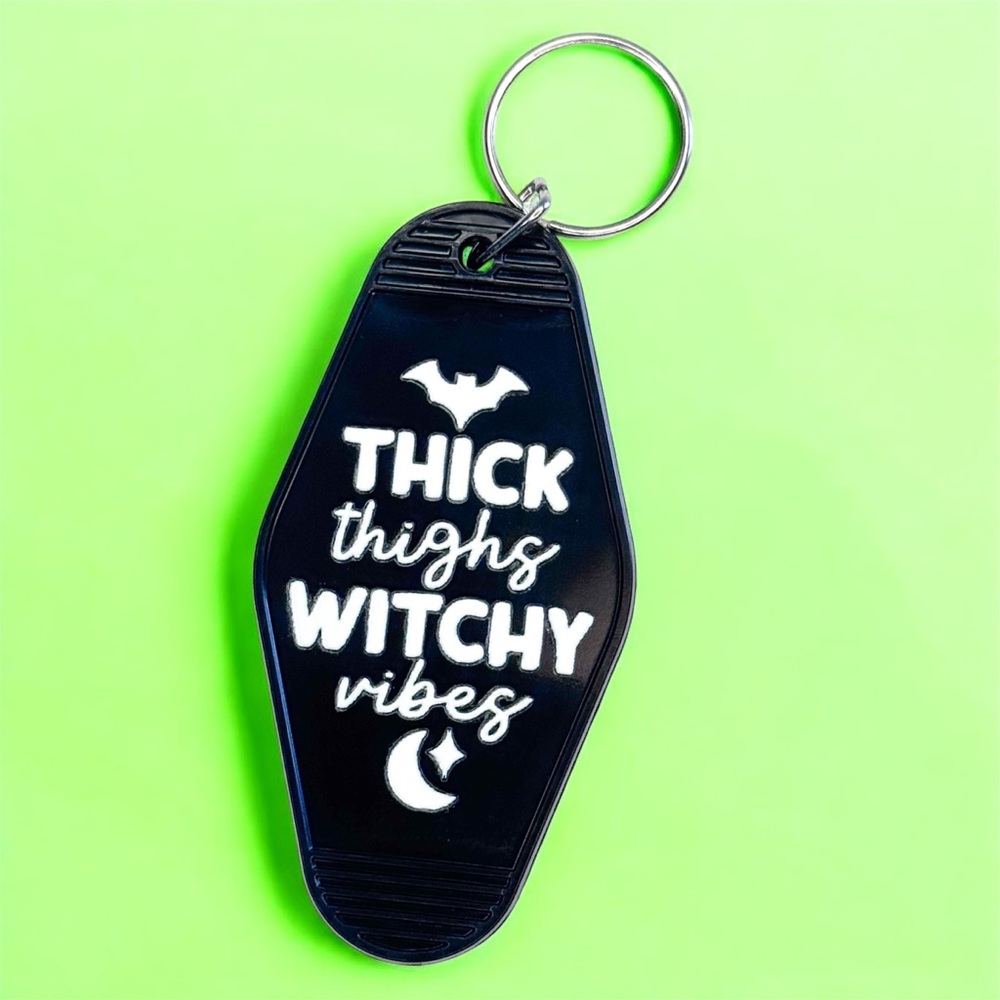 3/$9 Thick Thighs Witchy Vibes Keychain | Black Motel Style Retro Tag